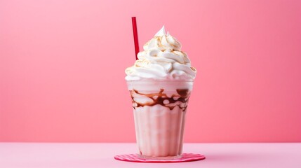 Refreshing Milkshake Drink in glass Cup isolated in pink background.