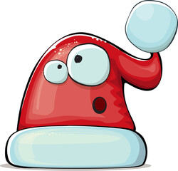 Vector cartoon Santa Claus red hat character with smile face isolated on white background. Childrens Merry Christmas greeting card with funny monster Santa hat. Santa red hat with sunglasses