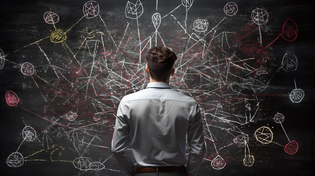 An overwhelmed man experiencing decision fatigue, clutching his head in despair, with a background of chaotic white scribble lines symbolizing mental confusion and stress.