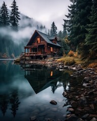 Fototapeta premium Lonely house on the lake in cabincore style by Generative AI