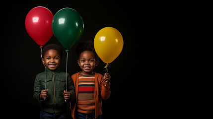 Black History Month concept. Cute little African children holding inflatable balloons Pan-African colors. - obrazy, fototapety, plakaty