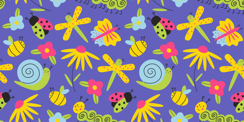 Seamless pattren with insects, flat, cartoon, vector image