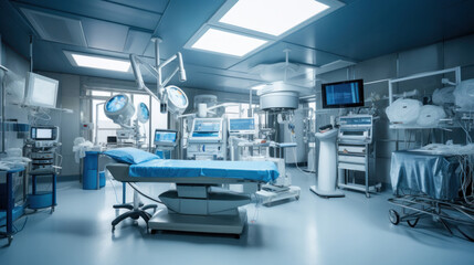 Advanced operating room with lots of equipment for surgical specialists.
