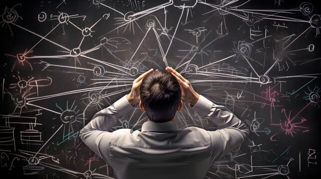 An overwhelmed man experiencing decision fatigue, clutching his head in despair, with a background of chaotic white scribble lines symbolizing mental confusion and stress.