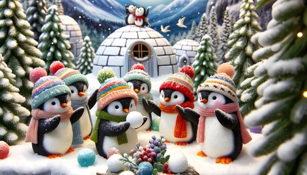 Cute Penguins Gathered Around Igloos in a Snowy Pine Forest