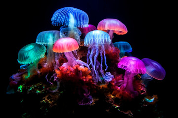 many Jellyfishes with neon glow light effect and colorful corals in the sea