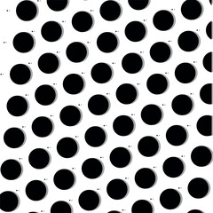 Large black circles and very small dots form a geometric background