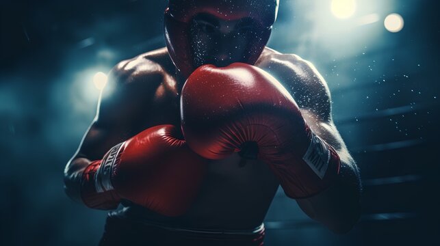 Closeup shot of red boxing gloves with a blurred background, conveying a powerful boxing concept and the intensity of the sport.
