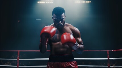 Fototapeta na wymiar A focused male boxer, with gloves on, is captured in a dynamic boxing stance under the dramatic illumination of stage spotlights, ready for a fight.