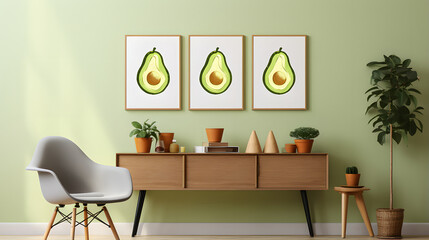 Stylish interior design of living room with avocado posters on the wall