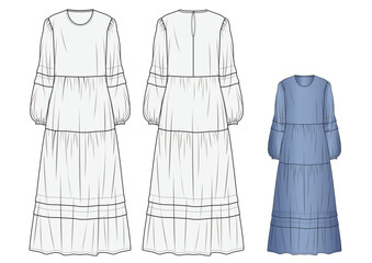 Women's dress, Ruffles, Fashion Flat Sketch Vector Illustration, CAD, Technical Drawing, Flat Drawing, Template, Mockup.