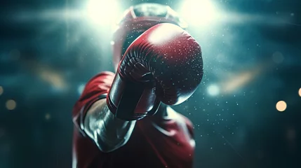 Poster Closeup shot of red boxing gloves with a blurred background, conveying a powerful boxing concept and the intensity of the sport. © TensorSpark