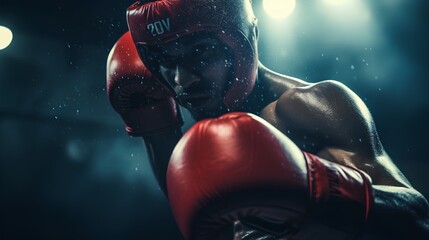 Closeup shot of red boxing gloves with a blurred background, conveying a powerful boxing concept and the intensity of the sport. - obrazy, fototapety, plakaty