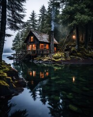 Fototapeta premium Lonely house on the lake in cabincore style by Generative AI