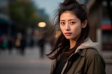 Fototapeta premium portrait photography of a young woman outside taking a walk through the streets of China