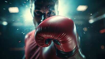 Closeup shot of red boxing gloves with a blurred background, conveying a powerful boxing concept and the intensity of the sport.