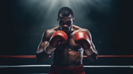 A focused male boxer, with gloves on, is captured in a dynamic boxing stance under the dramatic illumination of stage spotlights, ready for a fight.