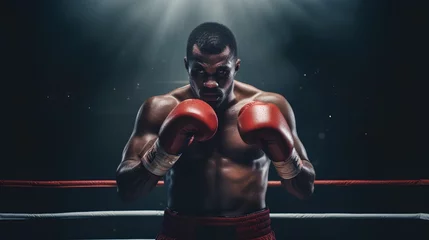 Foto op Canvas A focused male boxer, with gloves on, is captured in a dynamic boxing stance under the dramatic illumination of stage spotlights, ready for a fight. © TensorSpark