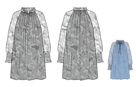Women's dress, Ruffles, Fashion Flat Sketch Vector Illustration, CAD, Technical Drawing, Flat Drawing, Template, Mockup.