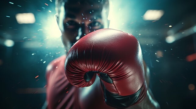 Closeup shot of red boxing gloves with a blurred background, conveying a powerful boxing concept and the intensity of the sport.