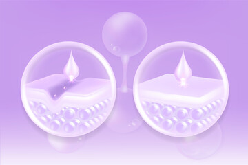 Hyaluronic acid before and after hair and skin solutions ad, purple collagen serum drop into skin cells with cosmetic advertising background ready to use, illustration vector.	