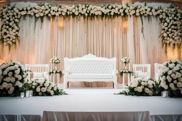 Photo of a beautifully decorated wedding stage with white chairs and flower arrangements 