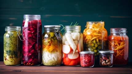 A vibrant collection of assorted fermented foods displayed in clear glass jars, featuring a colorful array of textures and hues from vegetables and fruits, symbolizing healthy probiotic rich cuisine. - obrazy, fototapety, plakaty