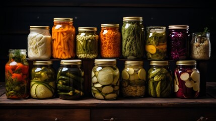 A vibrant collection of assorted fermented foods displayed in clear glass jars, featuring a colorful array of textures and hues from vegetables and fruits, symbolizing healthy probiotic rich cuisine.