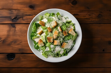 Caesar salad with grilled chicken meat, lettuce and cheese, shot from the top on the wooden table background