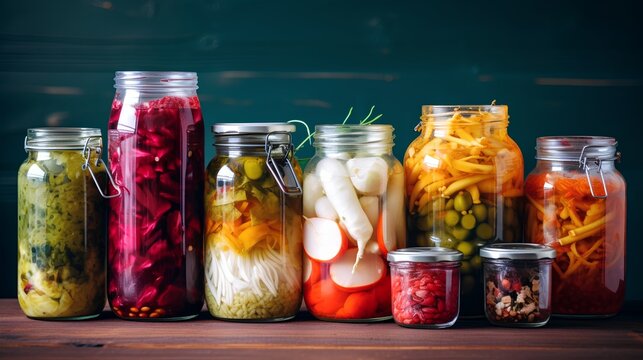 Naklejki A vibrant collection of assorted fermented foods displayed in clear glass jars, featuring a colorful array of textures and hues from vegetables and fruits, symbolizing healthy probiotic rich cuisine.