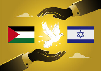 Two hands hold a dove with Israel and palestine flags