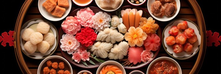 Artistic arrangement of colorful chinese new year dumplings highlighting symbolism and variety - obrazy, fototapety, plakaty