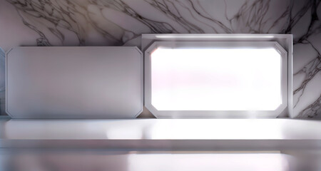 Modernist interior with marble walls and a luminous showcase in the foreground, creating a glowing and reflective effect on the smooth surface. Generative AI
