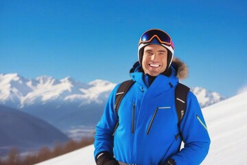 Fototapeta na wymiar Portrait of a male skier on the mountain in sunny day. Generative AI
