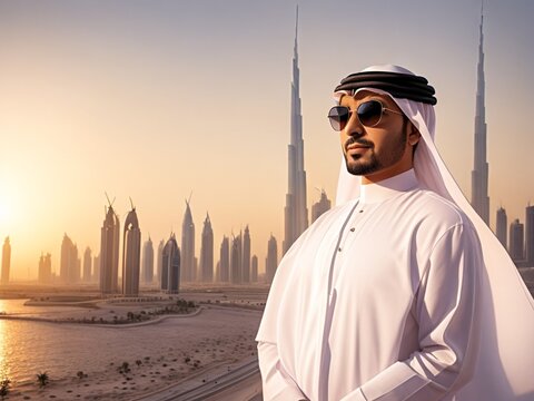 Arab businessman with sunglasses in Dubai background at sunset