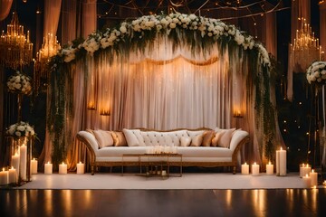 Fototapeta premium Photo of a beautifully decorated wedding stage with a cozy couch and elegant candles