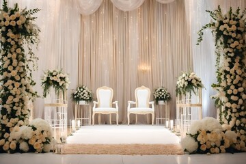 Photo of a beautifully decorated wedding stage with white chairs and flower arrangements 