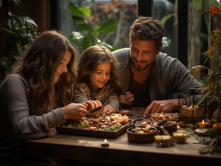 A heartwarming photo portrays a young and beautiful family—father, mother, and daughter—gathered around a table, joyfully preparing a meal. With winter-inspired, warm hues, they share a collective gaz