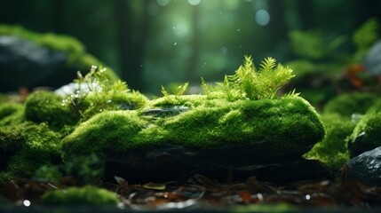 Obraz na płótnie Canvas A stone was covered with green moss in the forest. Wildlife landscape. Beautiful, bright green moss Product presentation display mockup natural light- For product display montage of your products.