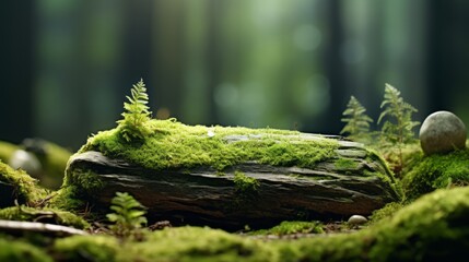 Fototapeta premium A stone was covered with green moss in the forest. Wildlife landscape. Beautiful, bright green moss Product presentation display mockup natural light- For product display montage of your products.