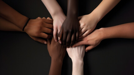 Diverse hands together on dark background, symbolizing unity and support..