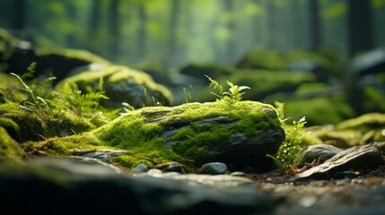 Naklejka na ściany i meble A stone was covered with green moss in the forest. Wildlife landscape. Beautiful, bright green moss Product presentation display mockup natural light- For product display montage of your products.