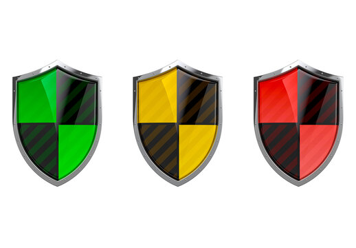 3D render of green orange and red protection shields isolated on transparent background