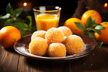 Orange balls cookies and fresh oranges with a glass of juice on a wooden table with softly glowing backdrop. Healthy food concept