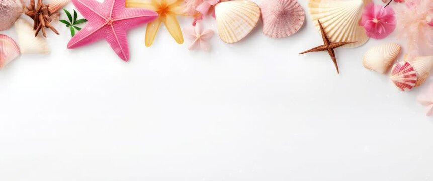 Anamorphic video summer background with sea shell and starfish.