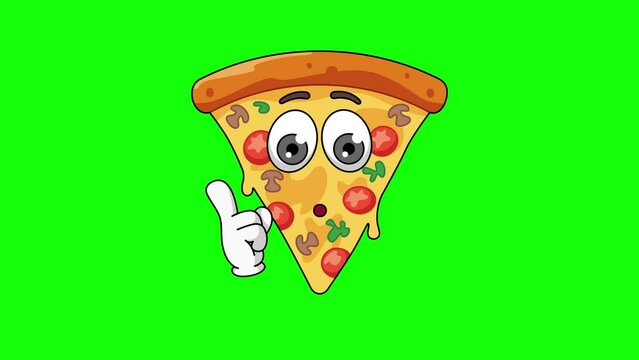 Animation of pizza cartoon with a shushing face, finger over pursed lips
