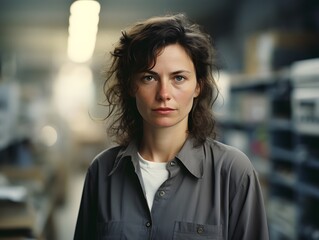 Workplace Realism: Captivating Image of a Middle-Aged Woman, Focused and Anxious