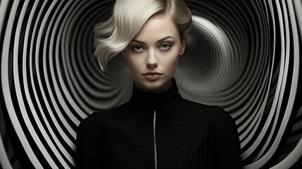 A beautiful woman standing in the center of a black and white image, creating a stunning contrast. Perfect for artistic projects or design concepts. Available in high resolution
