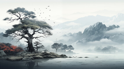 Lakeside Serenity Illustration with Tree and Mountains.
