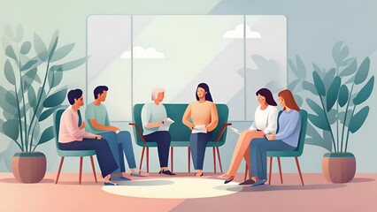 Cartoon characters attend a therapy session, with each character sharing their unique struggles and experiences. 2d animation